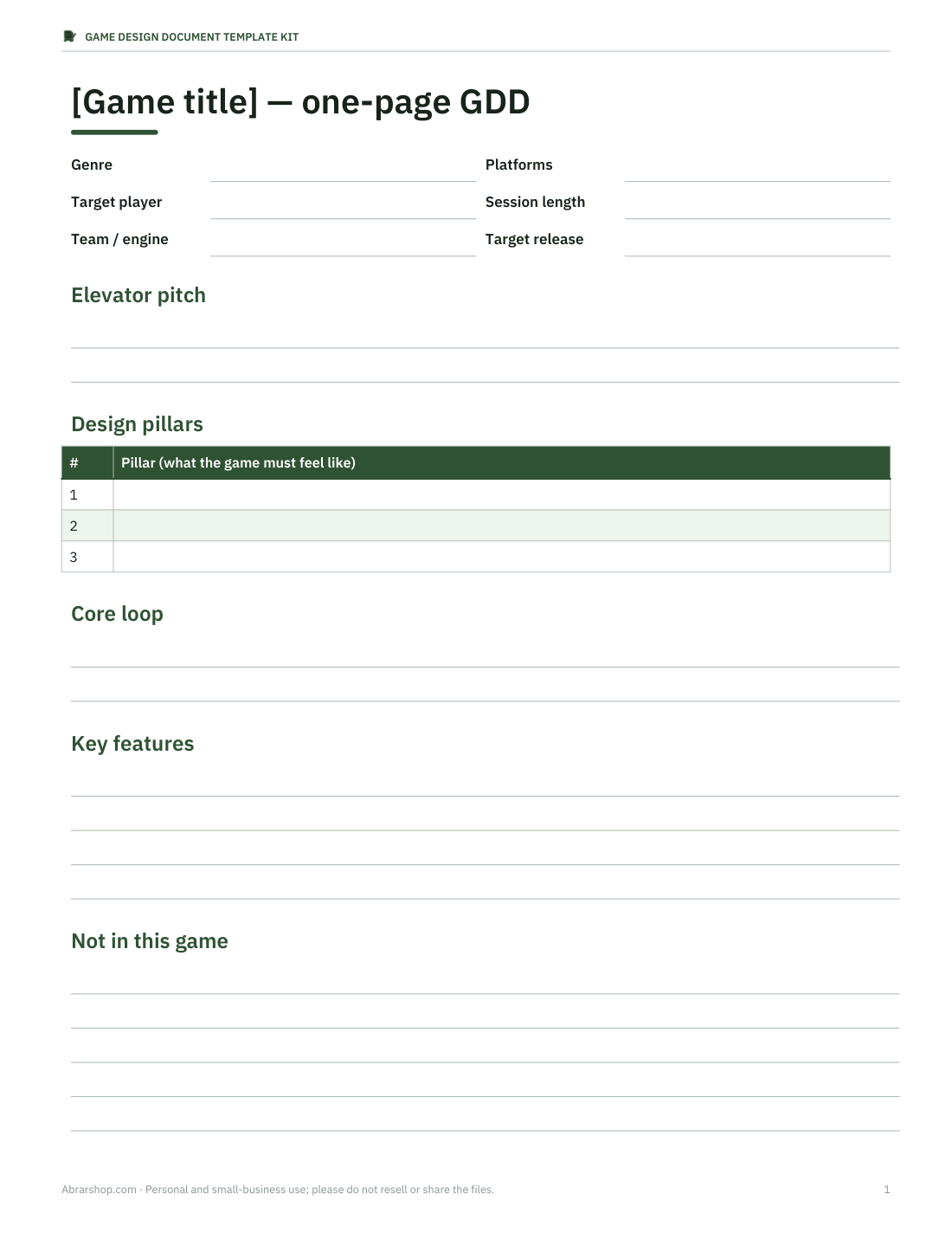 Preview of the first page of One-page GDD