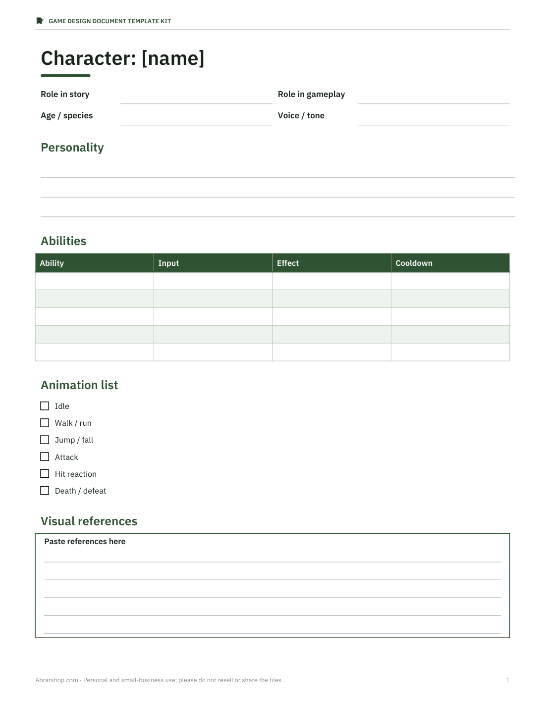 Preview of the first page of Character bible