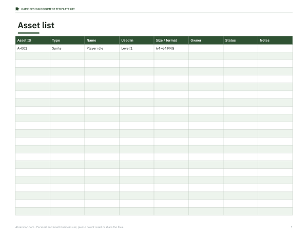 Preview of Printable Asset List Spreadsheet