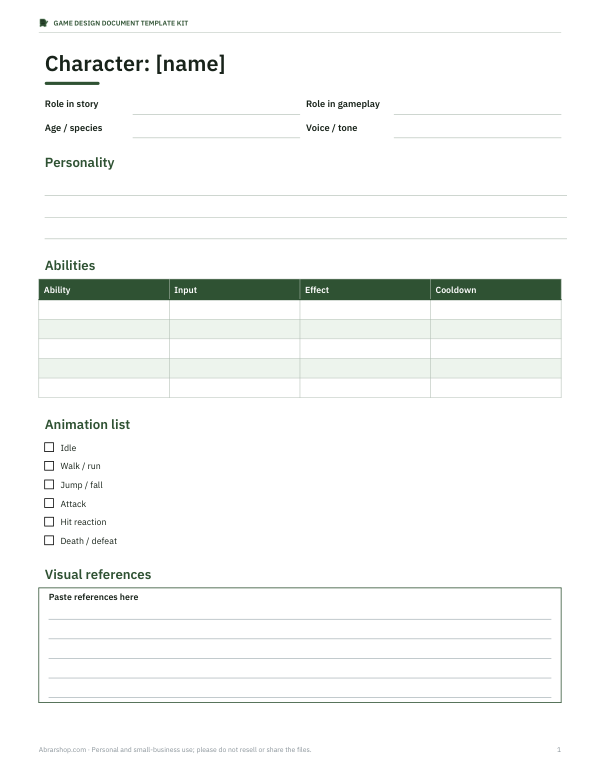 Preview of Printable Character Bible Sheet