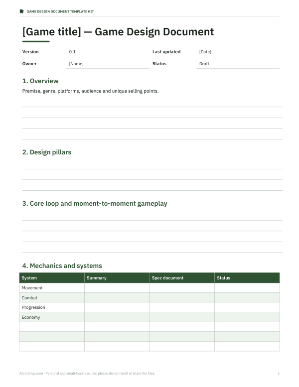 Preview of Printable Game Design Document Template