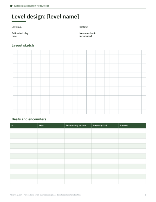 Preview of Printable Level Design Document