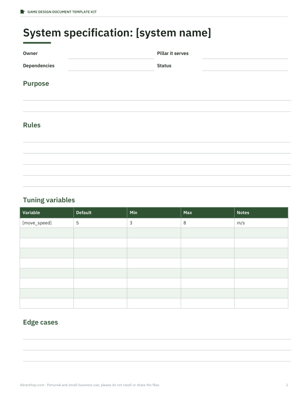 Preview of Game System Specification Template