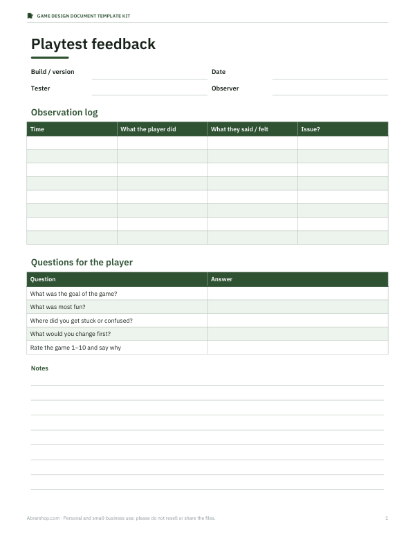Preview of Printable Playtest Feedback Form